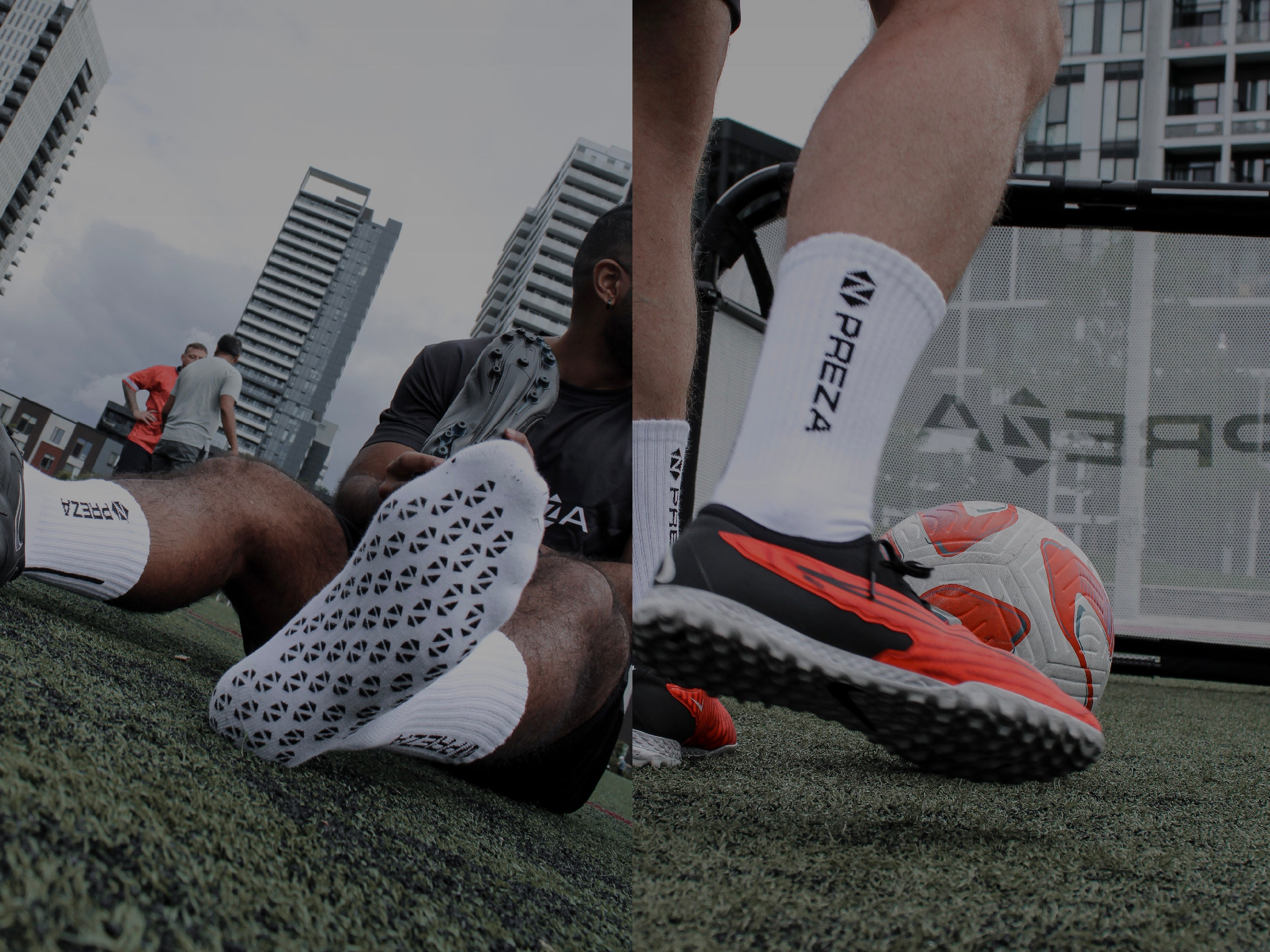 White Preza Grip socks on model sitting down putting on his shoe with other models in background